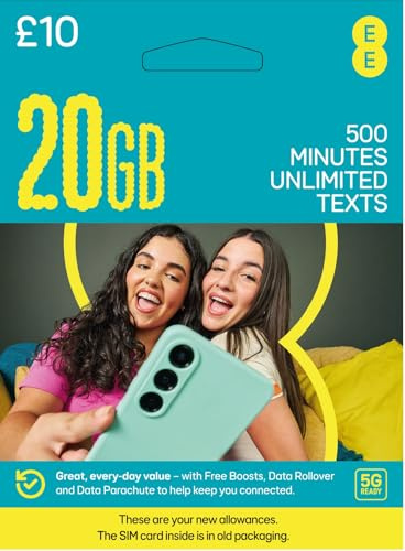 EE PAYG £10 Data Sim Includes £10 pre-paid credit, 20GB Data, 500 Minutes and Unlimited Texts