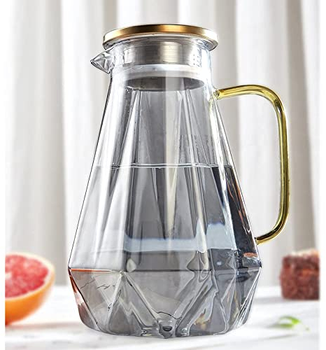 DUJUST schwarzer Glaskaraffe mit Deckel 2 Liter, Wasserkaraffe im Modernen Diamant Design, Glaskrug mit Griff für Fruchteinsatz, langlebig Hitzebeständig Wasserkrug für Eistee/Milch/Kaffee