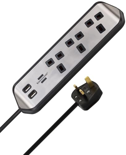 brennenstuhl estilo Corner Extension Lead 3-way (Extension Cord with Stainless Steel Surface for Desk/Kitchen/Office, with 3x Earthed Sockets, 2x USB Ports) silver/black
