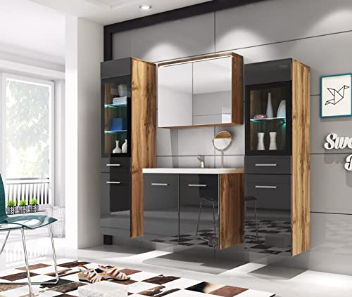 PIASKI Conjunto de Muebles de baño Udine, Lavabo Incluido, Juego de Muebles de baño, Armario Alto, Mueble de Lavabo, Espejo, Armario acristalado, sifón y lavaboincluido (Wotan/Negro Brillo)