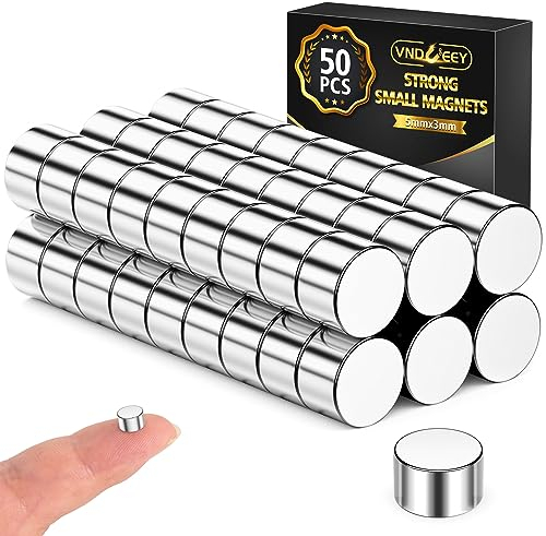 VNDUEEY 50 stycken 5 mm x 3 mm starka neodym-magneter, rund, silver, perfekt för forskning, hantverk, kylskåp, kontor, magnettavla, organisation