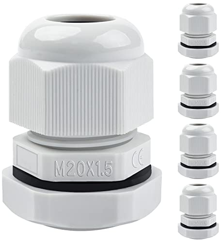 5 Pack Cable Glands M20, Hanibos IP68 Waterproof Cable Glands Nylon Compression Glands Connectors with Locknut and Washer Suitable for 6-12mm Cables White
