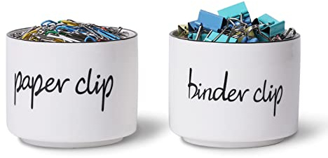 ONTUBE Ceramic Paper Clip Holder and Binder Clip Holder Set Dispenser Organizer for Desk (White)