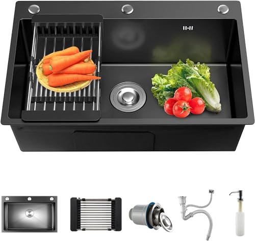 CALISTOUK Fregadero de cocina 304 Acero Inoxidable, Fregadero Cocina un Seno Fregadero con Dispensador de Jabón (Negro, 40 * 50cm)