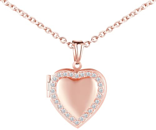 MICMIF Collar Medallón de Corazón con Circonia, Colgante Corazón Imagen para Foto Personalizada, Acero Inoxidable con Cadena 50 cm, Joyería Regalos para Novia Esposa Mamá