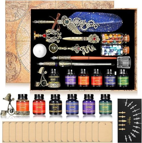 Oauir Gusix Quill Pen Ink Set,Wooden Dip Pen,Glass Dip Pen,6 Bottles Ink,16 Letter Paper,2 Envelopes,17 Nibs,Pen Holder,2 Fire Lacquer Wax Bottles,Stamp,Spoon,White Wax,Cup(Blue)