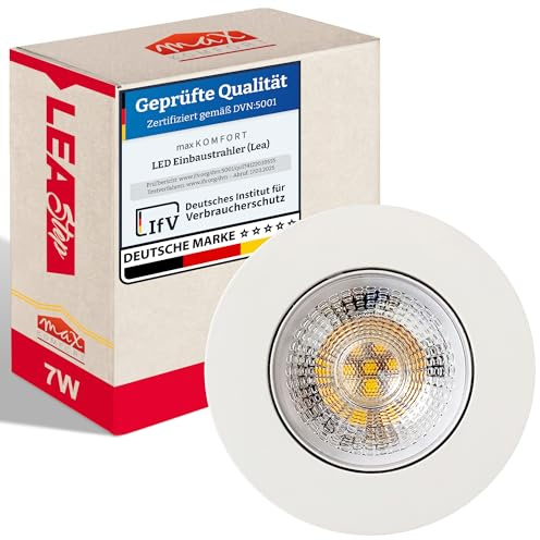 max K O M F O R T 6er LED Einbaustrahler Set 7W (ersetzt 50 W) Weiß – ultraflach 25 mm, 3-Stufen dimmbar per Lichtschalter, schwenkbar 30°, Warmweiß 3000K 510lm, Lochmaß Ø 68-75 mm, IP20 – LEA-Step