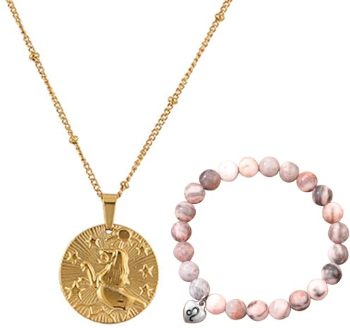 Caimeytie Ensemble de Collier et Bracelet Femme Signe Astrologique - Collier Signe Astrologique en Acier Inoxydable - Pendentif Monnaie - Bracelet Élastique en Perles - Cadeau d'Anniversaire Bijoux