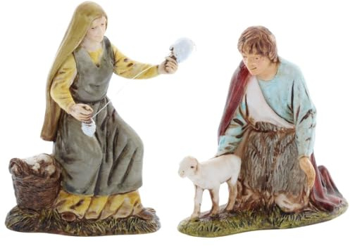 Moranduzzo Fileuse et Berger Agenouillé pour Crèche de 10 Cm Échelle 1:20-Figurines Indestructibles-Style 700',Peinture Finition à la Main,Produit Officiel,Fabriqué en Italie,Sculpteur M. Landi