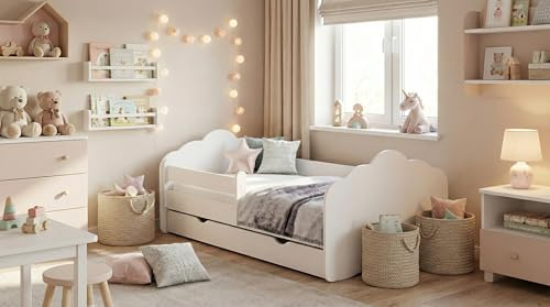 Happy Babies MOBI Kinderbett mit Matratze 80x160 cm Kinderzimmer Bett Weiß Jungendbett mit Rausfallschutz und Bettkasten