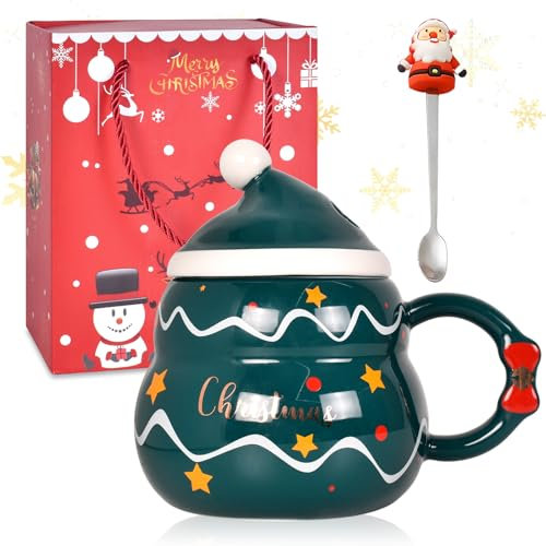 480ml Weihnachten Geschenke Tasse, Weihnachten Kaffeetassen, Keramik Teetassen mit Deckel Löffel, Weihnachten Kaffeebecher Kaffee Tasse Geschenkidee Feiertagstassen
