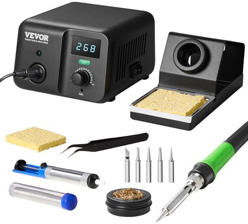 VEVOR Kit de Estación de Soldadura con Pantalla Digital de 70 W, Control de Temperatura de 50-500 ℃ y Transformador Incorporado, Modo de Espera y Suspensión Automáticos, 195 x 160 x 110 mm, Negro