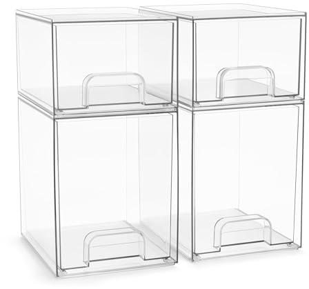 Sorbus Acrylic Storage Containers - 4 Pack, Stackable Storage Bins Set for Bathroom Organization - Clear Acrylic Drawer Organizers - Makeup Case Pull-Out Drawers (7.6’’ and 4.4’’ Tall)