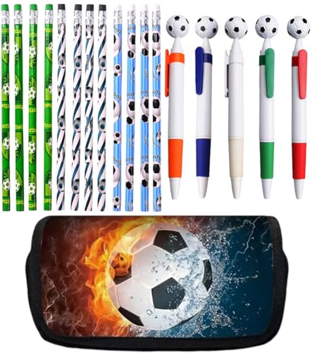 Pencil Cases Water and Fire Football, Soccer Pens, Football Pencils for School Office Supplies, Large Pencil Bag with Double Zipper, Pencils for Kids, Ballpoint Pen, Football Stationery Set For Soccer