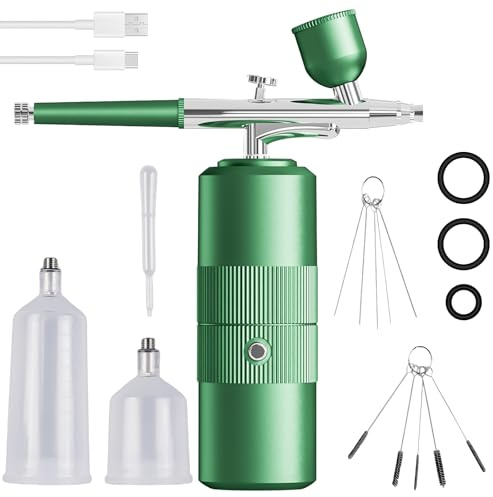 Airbrush-kit med kompressor, bärbar trådlös airbrush, multifunktionell handhållen airbrush-pistol för nagelkonst, tårtdekoration, smink, färgmodellering, tatueringar (grön)