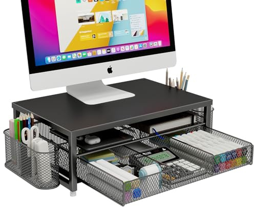 Monitor Stand Riser Metal, Office Desk riser with shelf Organizer, Office Organization ,Desk Organizer with Drawer and Pen Holder, 2-Tier Computer Stand, for iMac, PS4, PC, Printer, Notebook (Black)