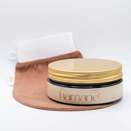 Hamane Beauty, Kit Esfoliante Hammam con Guanto Kessa Marrone e Sapone Nero Marocchino 200 g, Ideale per Scrub Corpo, Pulizia Profonda ed Esfoliazione Delicata, Profumo Gelsomino