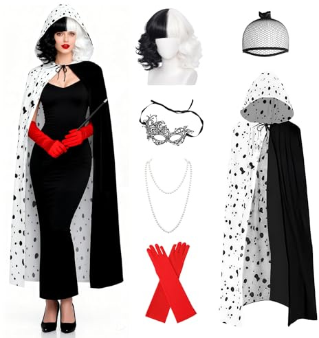 Carreuty 7 Pcs Cruella Costume Accessories Set, Carnival Costume for Women with Cape Black White Wig Red Gloves Necklace Eye Mask Hair Net Handheld Props for Adults World Book Day Cosplay Fancy Dress