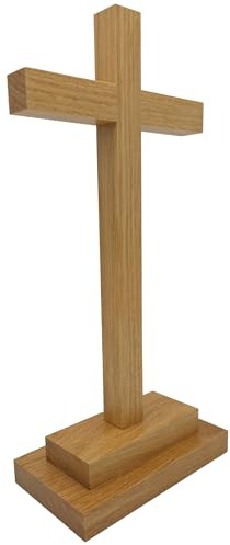 Lunexus Croce da tavolo in legno massello di faggio - croce da tavolo fatta a mano con base 28,5 × 13 × 6,5 cm - croce benedetta con certificato per battesimo, comunione, cresima, altare e altare di