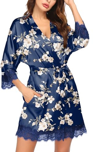 Ekouaer Women's Silk Robes Short Cute Satin Petite Robe Sexy Silky Lightweight Bathrobes Sleepwear with Belt Navy Floral L