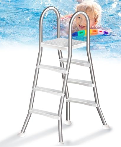 Errzom Escalera de 4 Peldaños para Piscinas Elevadas con Plataforma de Salto, Fabricada en Acero de Mayor Grosor, Escalera de Piscina de Alta Resistencia para Piscinas de 135 cm,110cm