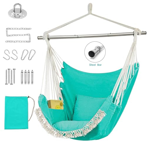 Balançoire à suspendre, barre de support amovible en acier de 226,8 kg, tissu en coton tissé, balançoire suspendue, 2 coussins doux inclus, parfait pour l'intérieur et l'extérieur, pratique et durable