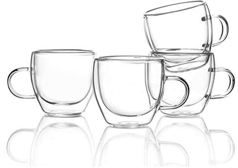 ZONEYILA Double Wall Glass Coffee Mugs Set of 4-6 OZ Insulated Coffee Cups - Clear Glass Drinkware with Handle for Double Espresso, Cappuccino, Latte, Hot/Cold Beverages