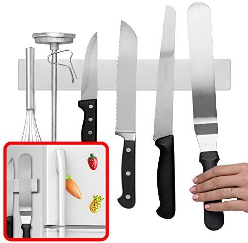 Modern Innovations 12 Inch Magnetic Knife Holder for Refrigerator, Magnetic Knife Holders for Fridge or Kitchen Wall No Drilling, Magnet Strips for Knives & Metal Utensils, Tool Rack, Stainless Steel