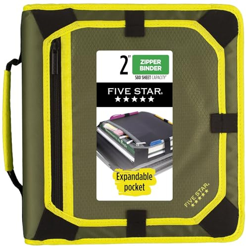 Five Star Zipper Binder, 2 Inch 3-Ring Binder with Round Rings, Expansion Panel and 5-Tab Expanding File, 580 Sheet Capacity, Olive/Citrus (290520C)