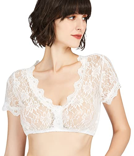 Oktoberfest Blouse Women's Dirndl Dress Crop Top, Lace Germen Bavarian Traditional Costume (Lace White, XL)