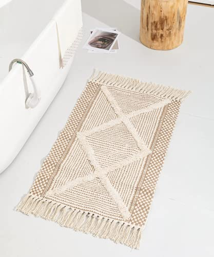JaeMoose Baumwolle Teppich Getuftet Baumwollteppich Waschbar Retro Flur Teppich mit Quasten Marokkanisch Boho Teppiche für Wohnzimmer Schlafzimmer Eingangstür (Hellbraun, 60 x 90 cm)