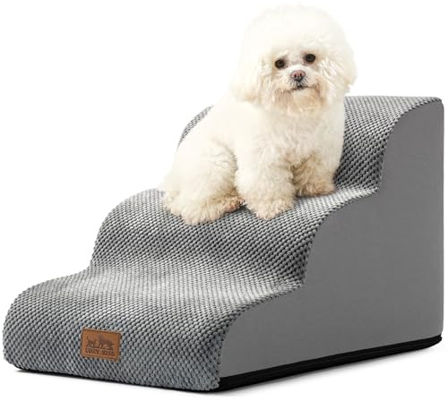 COZY KISS Escalera para Perros Pequeños, Escaleras para Mascotas de Espuma para Cama y sofá, Rampa para Gatos con Funda Lavable y Fondo Antideslizante, Ligera, 40x57x40cm, 3 Peldaños, Gris