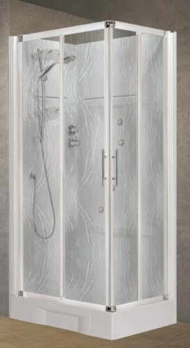 Novellini New Holiday A80 Idromassaggio 80x80 cm Cabina Doccia Multifunzione Apertura 2 Ante Scorrevoli Pannelli Fondo Reversibili Miscelatore Meccanico Vetro Aqua Profilo Bianco Ripiani Alto 206 cm