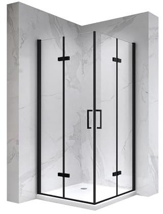 Mampara de Ducha Matilde | 75x80x190cm | REVERSIBLE | Puerta plegable | Ajuste 73,9-75,4 x 78,9-80,4cm | Perfiles Negros, Cristal transparente de 6 mm - Moments of Glass