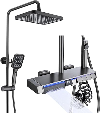 Colonne De Douche Thermostatique Gris Ensemble de Douche 5 Fonctions Système de Douche avec Affichage Numérique LED, Douche de Tête 30x20CM, Pommeau Douche 3 Modes, Mitigeur Douche, Douche Massante