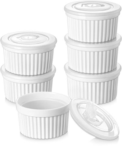 vancasso Pirottini per Soufflé Set con Coperchi, 6 X 320 ml Stampi per Soufflé, Mini Ciotole in Ceramica per Creme Brulè, Set da Stampi a Prova di Forno per Crema Pasticcera, Budino, Ø 10,6cm, Bianco