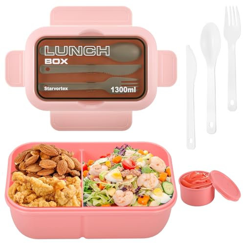 Starvortex Bento Lunch Box, Résistance Chaleur Boite Repas Compartiment, Portable Boite a Lunch, Durable Boite Lunch Enfant, Antifuite Boite a Tartine Enfant Avec Couverts & Poêlon à Sauce (Rose)