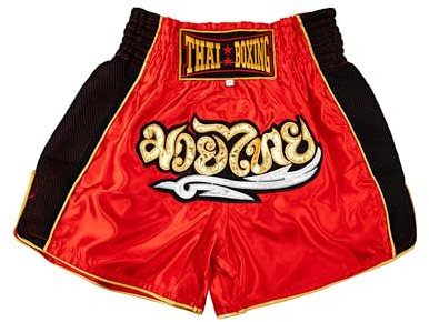 MUAY NATION Pantalones Cortos de Muay Thai para Hombres y Mujeres, Corte Ajustado, Shorts de Boxeo MMA para Entrenamiento, Ropa de Kickboxing (FR/ES, Letras, M, Regular, Regular, Rojo Clásico)