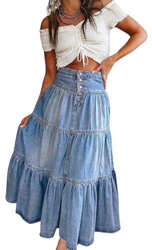 utcoco Women's High Waist Long Denim Skirt Button-Fly Tiered Ruffle Swing A-Line Jean Maxi Skirt with Pockets (Small, Blue)