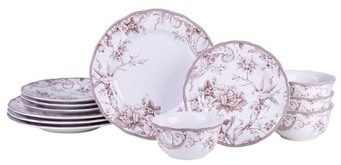 222 Fifth Adelaide Brown on White 12-Piece Dinnerware Set â Service for 4, Big Dinner Plates and Bowls Sets,Durable Porcelain, Microwave and Dishwasher Safe, for Everyday Dining & Entertainment