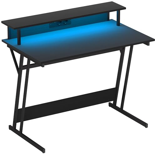 HOMCOM Scrivania Gaming con Luci LED e Supporto per Monitor, 100x60 cm Tavolo Gaming per Computer da 32 Pollici, Scrivania PC con USB, TYPE C e Telecomando per Ufficio, Studio e Casa, Nero