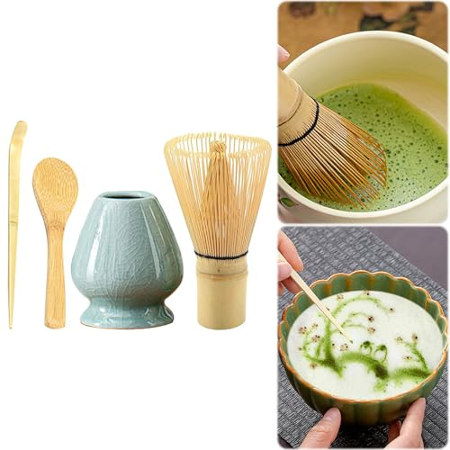 Japansk matcha-visp set med 4, handgjord bambu matcha visp set med keramisk visphållare och tesked, för traditionell matcha-te-drickupplevelse (E)