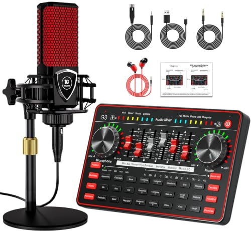 TENLAMP G3 Podcast Equipment, Audio Interface with Soundboard Effects, 3.5mm Condenser Mic Bundle, Desk Stand, Voice Changer, Denoise, for PC, Phone, Gaming, Singing, Live Streaming