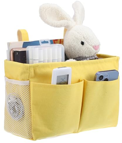 IGNPION Canvas Bedside Hanging Storage Bed Pockets Baskets-Adjustable Hanging Tape Dormitory Bed Organiser Caddy Mulit-purpose Hanging Storage Bag for Home Office School Dorm Hospital, Yellow