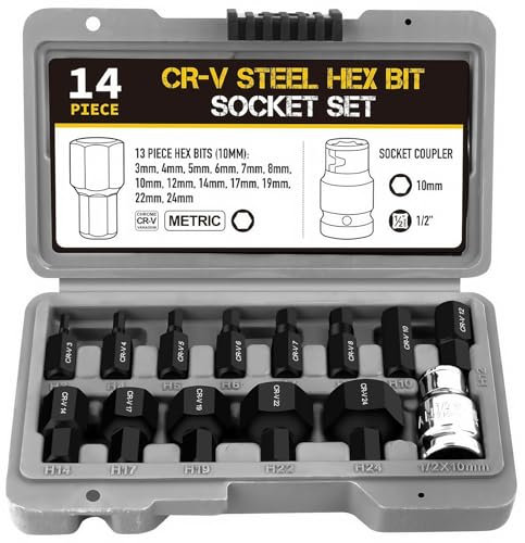 14 piezas Juego de Llaves de Vaso con Puntas Hexagonales, Incluye Vasos Allen de 3 a 24 mm, 1/2 Juego de Carracas y Vasos Profesional, Ideal para Llaves Eléctricas y Llaves de Carraca