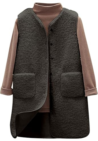 Yutdeng Chaleco Mujer Invierno Largo Chaleco de Forro Polar Elegantes Cuello en V Chalecos de Felpa Cálido Chaqueta sin Mangas Cárdigan Termico Abrigo Peluche Jacket Primavera Otoño Botones Bolsillos