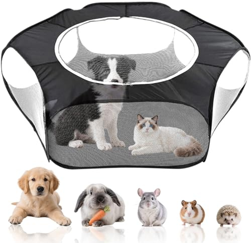 Guoxintech Small Animal Playpen, Pop Up Cage Tent with Cover - Portable Exercise Fence for Guinea Pig, Rabbit, Hamster, Chinchilla - Foldable and Waterproof, Indoor/Outdoor Pet Pen (Black)