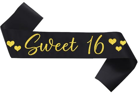 Sweet 16 sashļ¼Black Sweet 16 Sash with Gold Glitter Printing Lettersļ¼Class of Sash for Graduation Partyļ¼birthday party Black Gold Sash