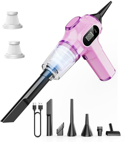 Aspirapolvere per auto rosa, mini aspirapolvere portatile a mano senza fili con display LCD e ugelli multipli, potente aspirapolvere a mano per auto, peli di animali, casa, ufficio, divano, tastiera
