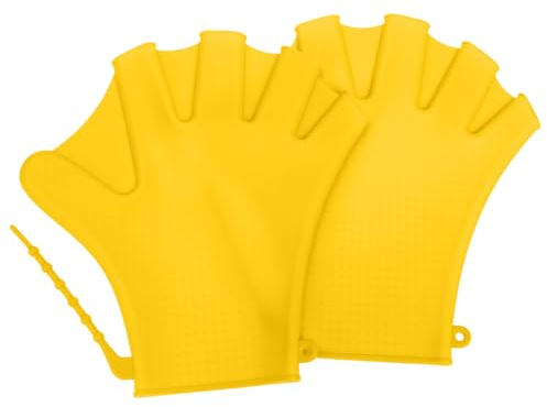 Cabilock Guantes De Natación Resistentes Al Agua y Manoplas Auxiliares De Silicona Ajustables Amarillas, Antideslizantes y Duraderas para Entrenamiento Acuático y Buceo Recreativo